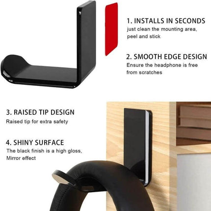 Adhesive Headphone Hanger Bracket For Wall Or Desk Storage black L-shaped acrylic mount with smooth edges and adhesive
