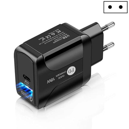 18W PD QC 3.0 Travel Charger With LED Indicator EU US UK Plugs Black And White - black EU plug USB-C wall charger with blue LED indicator