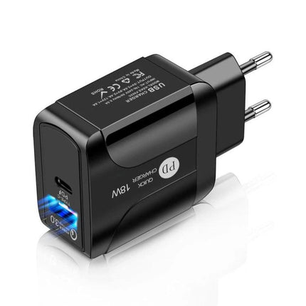 18W PD QC 3.0 Travel Charger With LED Indicator EU US UK Plugs Black And White - compact black EU plug USB PD charger with LED
