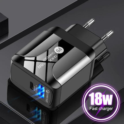 18W PD QC 3.0 Travel Charger With LED Indicator EU US UK Plugs Black And White - black EU plug fast 18W USB PD charger with LED indicator