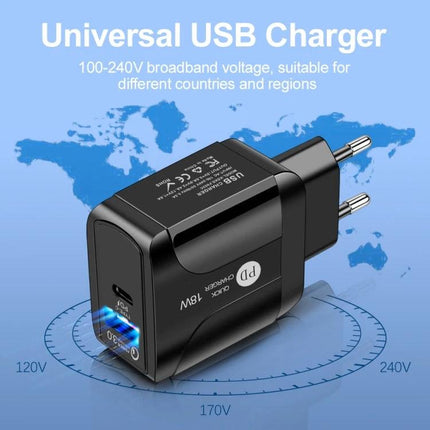 18W PD QC 3.0 Travel Charger With LED Indicator EU US UK Plugs Black And White - compact black USB-C travel charger with LED, universal 100-240V