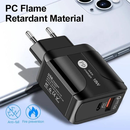 18W PD QC 3.0 Travel Charger With LED Indicator EU US UK Plugs Black And White compact black dual-port USB PD fast charger with EU plug and LED indicator