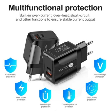 18W PD QC 3.0 Travel Charger With LED Indicator EU US UK Plugs Black And White - black compact dual-port USB travel adapter with safety icons