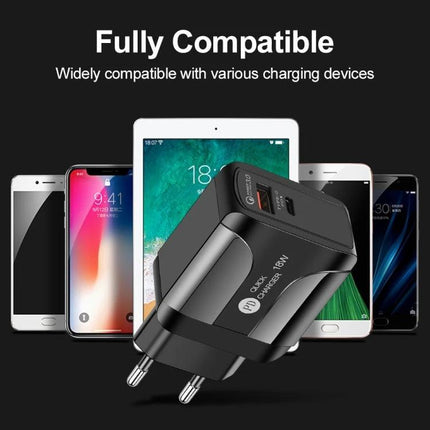 18W PD QC 3.0 Travel Charger With LED Indicator EU US UK Plugs Black And White - compact black USB PD/QC travel wall charger compatible with phones and tablets