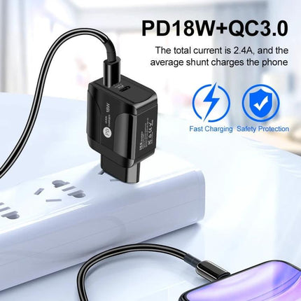 18W PD QC 3.0 Travel Charger With LED Indicator EU US UK Plugs Black And White compact PD18W+QC3.0 wall charger with USB port and LED indicator