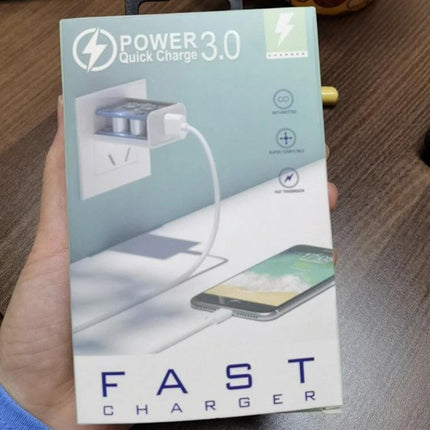 18W PD QC 3.0 Travel Charger With LED Indicator EU US UK Plugs Black And White - compact 18W PD QC 3.0 travel charger packaging showing USB phone charging
