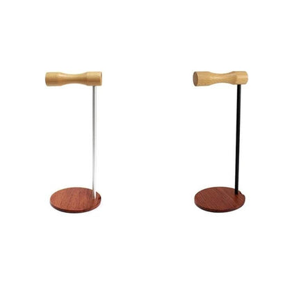 Beech Wood Headphone Stand With Metal Base For Desk on white background showing two stands with beech head and round non-slip base