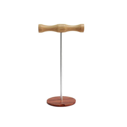 Beech Wood Headphone Stand With Metal Base For Desk on a desk, beech wood head, metal rod and non-slip round base