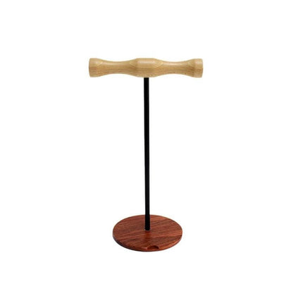 Beech Wood Headphone Stand With Metal Base For Desk showing beech head, black metal rod and round non-slip wood base