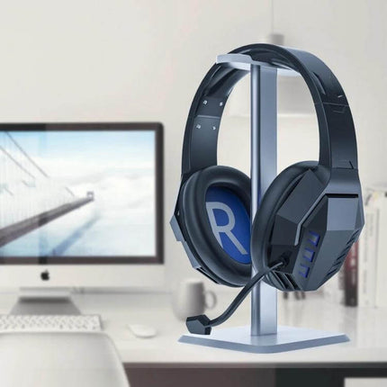 Aluminum Headphone Stand For Desk Organization And Easy Access holding gaming headset beside monitor for tidy storage