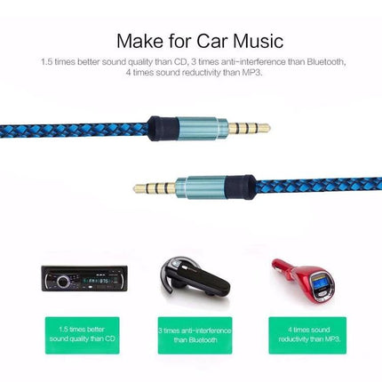 Nylon Braided AUX Cable for Everyday Audio Connections in Car or Home - blue braided 3.5mm aux cable connecting phone to car stereo and home speakers