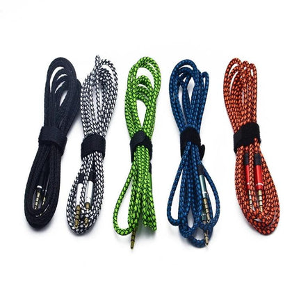 Nylon Braided AUX Cable for Everyday Audio Connections in Car or Home – five colored nylon braided AUX cables (black, white, green, blue, orange) neatly coiled