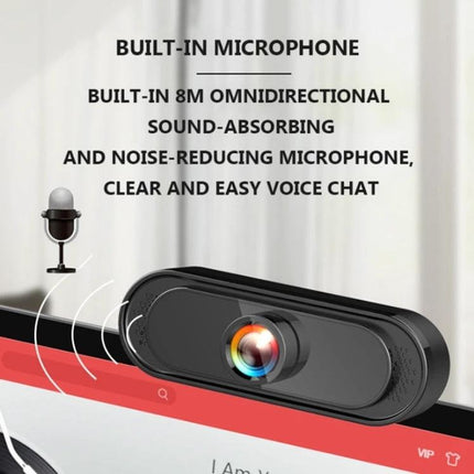 Computer Webcam for Video Calls and Online Meetings showing webcam with built-in omnidirectional noise-reducing microphone and USB connection