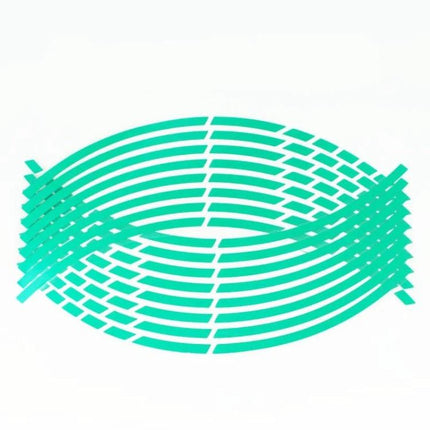 Motorcycle Rim Stickers For 18 Inch Wheels Reflective Decals — teal reflective PVC 0.8cm strip set for 18-inch motorcycle and EV rims, low-profile visibility