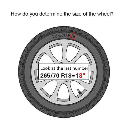 Motorcycle Rim Stickers For 18 Inch Wheels Reflective Decals shown on an 18" wheel demonstrating how to read 265/70 R18 tire size for proper decal fit