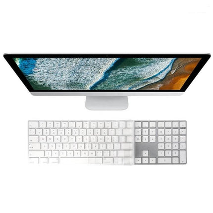Transparent TPU Protective Film for iMac 2017 Magic Keyboard shown fitted on white iMac Magic Keyboard protecting keys from dust and spills