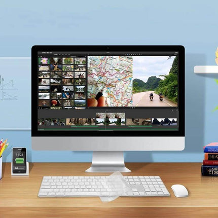 Transparent TPU Protective Film for iMac 2017 Magic Keyboard draped over keyboard to guard against dust, crumbs and spills while preserving feel