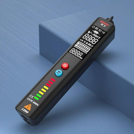 BSIDE X1 Non-Contact Voltage Detector for Electrical Safety Testing showing display, LED bar graph, and buttons for live wire detection