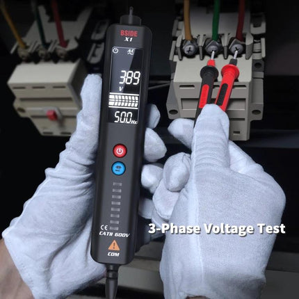 BSIDE X1 Non-Contact Voltage Detector for Electrical Safety Testing held measuring 3-phase voltage on an electrical panel