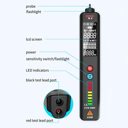 BSIDE X1 Non-Contact Voltage Detector for Electrical Safety Testing showing labeled probe, LCD screen, buttons, LED indicators and test lead ports