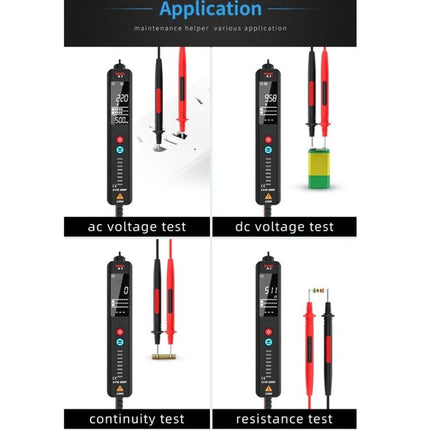 BSIDE X1 Non-Contact Voltage Detector for Electrical Safety Testing showing AC, DC, continuity and resistance tests with probes and clear display