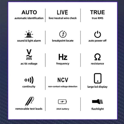 BSIDE X1 Non-Contact Voltage Detector for Electrical Safety Testing showing icons for auto ID, live check, true RMS, alarms, breakpoint locate, auto-off, AC/DC, Hz, resistance, continuity, NCV, LCD, test leads, AAA battery, flashlight