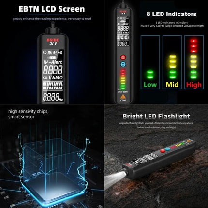 BSIDE X1 Non-Contact Voltage Detector for Electrical Safety Testing showing LCD screen, 8 LED indicators, sensor diagram and flashlight