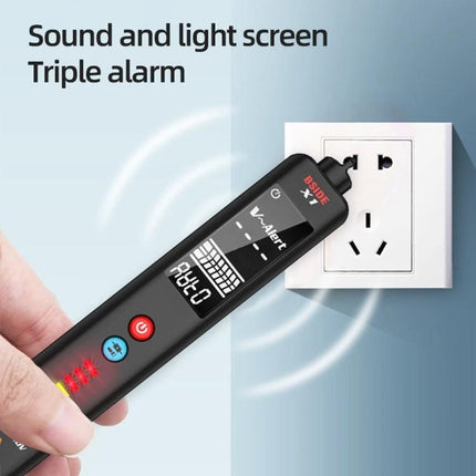 BSIDE X1 Non-Contact Voltage Detector for Electrical Safety Testing held near wall outlet showing display and triple sound-light alarm