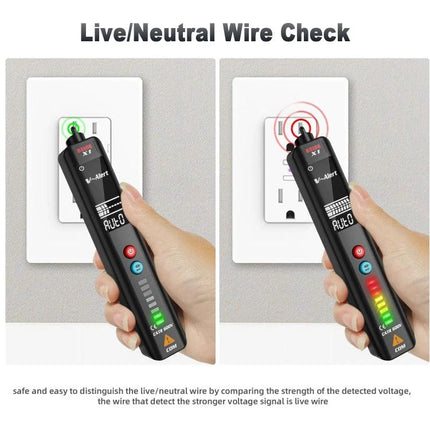 BSIDE X1 Non-Contact Voltage Detector for Electrical Safety Testing detecting live and neutral wires on an outlet with clear display and LED indicators