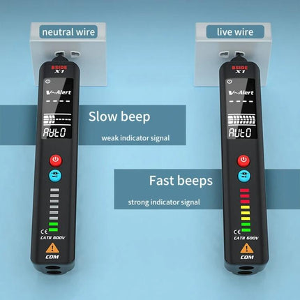 BSIDE X1 Non-Contact Voltage Detector for Electrical Safety Testing showing neutral vs live wire indication with slow beep and fast beeps