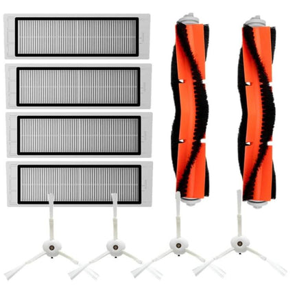 Replacement Brushes and Filters for Xiaomi Robot Vacuums set with 4 filters, 2 orange roller brushes and 4 side brushes