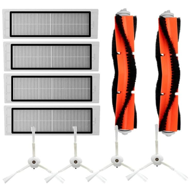 Replacement Brushes and Filters for Xiaomi Robot Vacuums set with 4 filters, 2 orange roller brushes and 4 side brushes