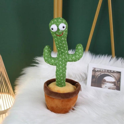 Adorable Plush Dancing Cactus Toy for Children's Daily Playtime – soft green dancing cactus plush in brown pot on white faux fur