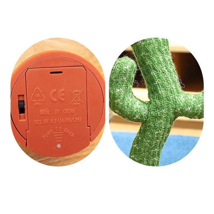 Adorable Plush Dancing Cactus Toy for Children's Daily Playtime showing battery compartment and textured green plush cactus close-up