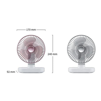 Quiet Automatic Shaking Desktop Fan for Home and Office Use - compact 240mm height, 170mm fan head, 92mm base, shown in pink and gray
