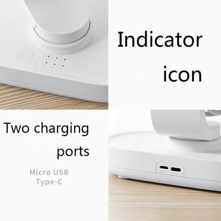 Quiet Automatic Shaking Desktop Fan for Home and Office Use showing indicator LEDs and two charging ports (Micro USB and Type-C)