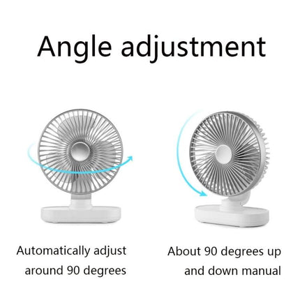 Quiet Automatic Shaking Desktop Fan for Home and Office Use showing 90-degree angle adjustment and automatic shaking for home office cooling