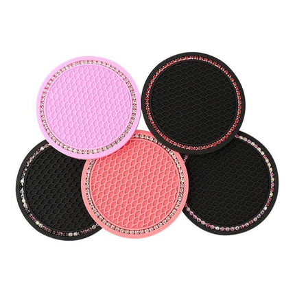 Car Diamond Honeycomb Water Coaster 7 Cm Anti Slip Mat - pink and black round PVC honeycomb non-slip cup holder pads with rhinestone trim