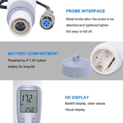 Portable Dissolved Oxygen Meter for Aquaculture Water Testing - handheld probe, battery compartment and HD display for pond and tank monitoring