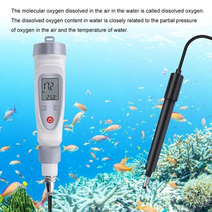 Portable Dissolved Oxygen Meter for Aquaculture Water Testing handheld meter with probe over coral reef and fish, digital display showing DO and temperature