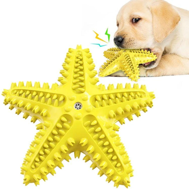 Starfish Voice Dog Toy for Everyday Play and Teeth Cleaning - yellow spiky chew toy with puppy cleaning teeth and playing