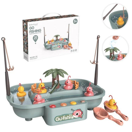Water Fishing Toy Set for Children's Summer Play Activities - kids catching floating ducks with rods in a backyard pool toy