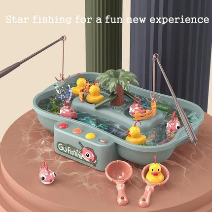 Water Fishing Toy Set for Children's Summer Play Activities - kids catching floating rubber ducks in backyard water playset with fishing rods and scoops