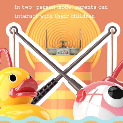 Water Fishing Toy Set for Children's Summer Play Activities - colorful floating duck and fish with crossed fishing rods and parent-child play scene
