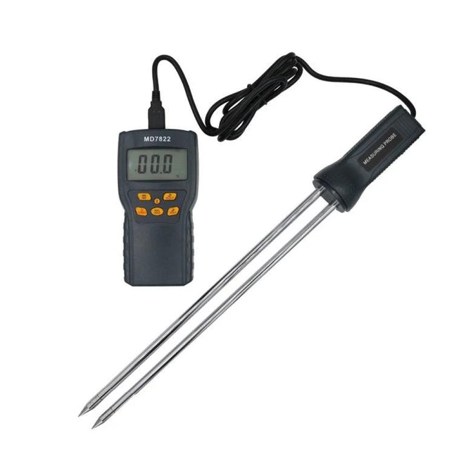 Digital Grain Moisture Tester with Long Probe for Farm Use - handheld meter with long twin stainless probes for measuring wheat rice corn moisture