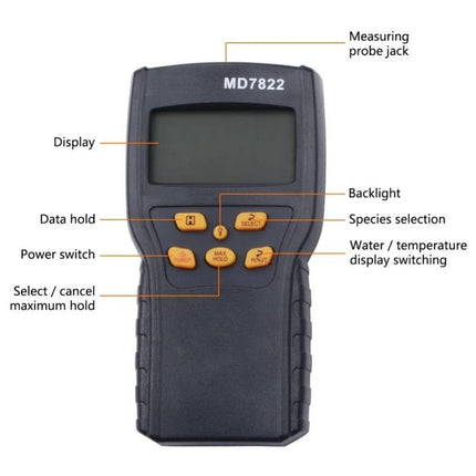 Digital Grain Moisture Tester with Long Probe for Farm Use - handheld MD7822 meter with display, buttons and probe jack for measuring grain moisture
