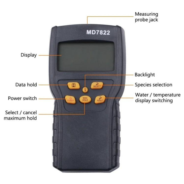 Digital Grain Moisture Tester with Long Probe for Farm Use - handheld MD7822 meter with display, buttons and probe jack for measuring grain moisture