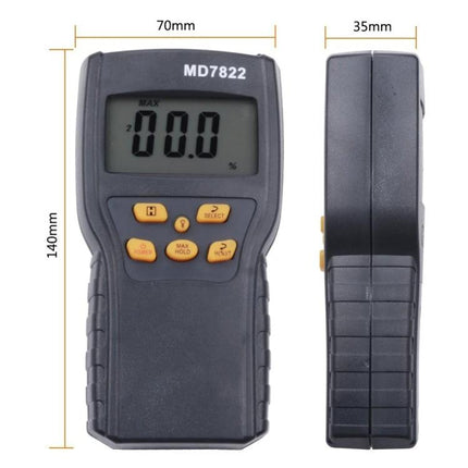 Digital Grain Moisture Tester with Long Probe for Farm Use - handheld MD7822 meter showing LCD, buttons and dimensions for field moisture checks