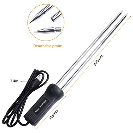 Digital Grain Moisture Tester with Long Probe for Farm Use showing detachable 306mm stainless steel probe and 1.4m cable