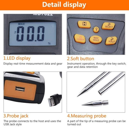 Digital Grain Moisture Tester with Long Probe for Farm Use - close-up LED display, soft buttons, USB probe jack and detachable measuring probe